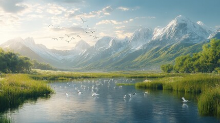 Tranquil Mountain Landscape with Serene River, Lush Greenery, Snow-Capped Peaks, and Graceful Birds in a Peaceful Natural Setting at Sunrise