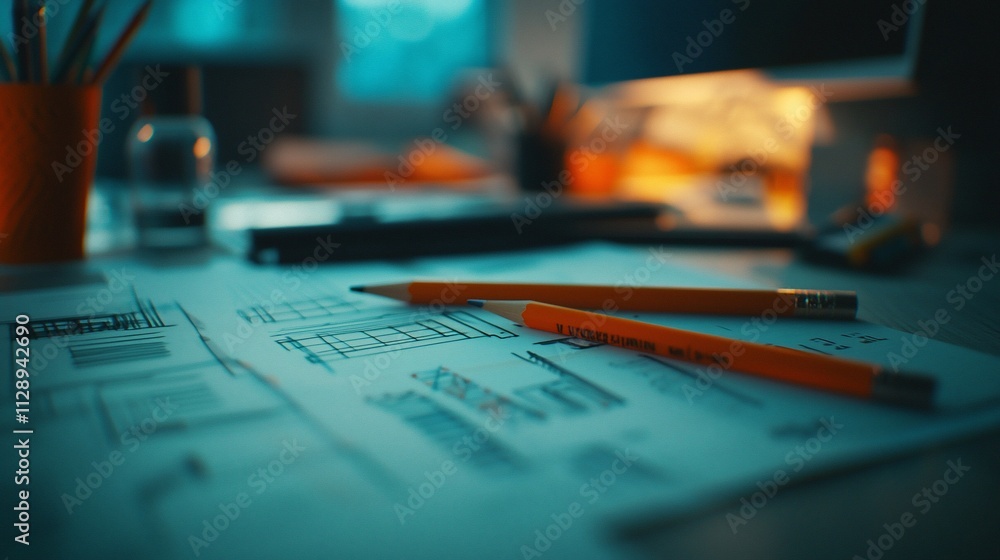 Poster two pencils rest on architectural blueprints in a dimly lit office.