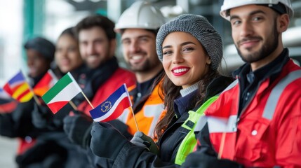 Diverse construction team standing proudly on job site with flags and safety gear