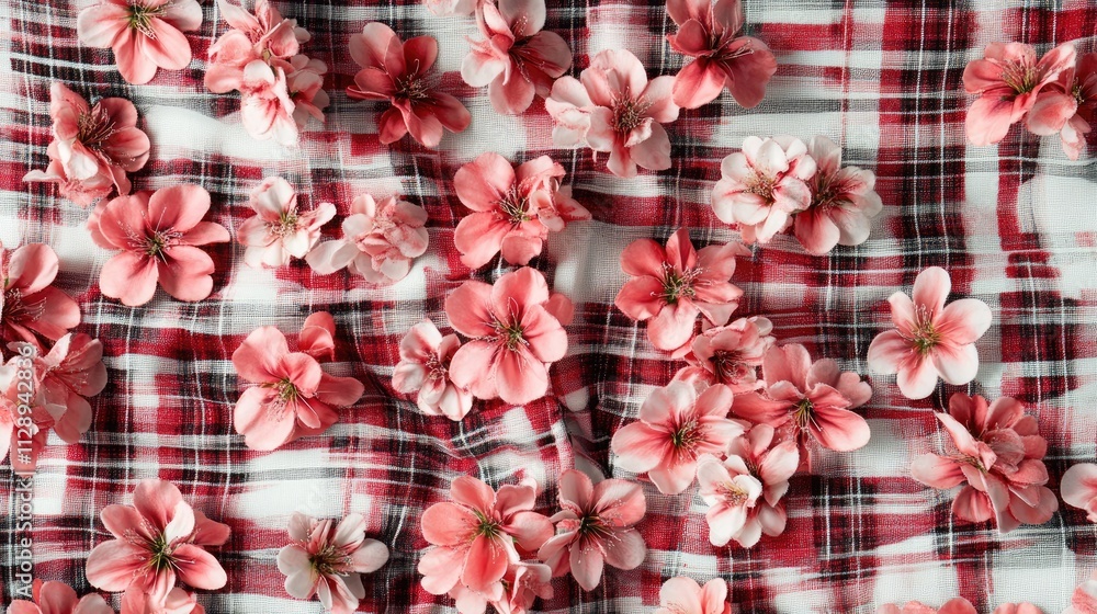 Poster cute small flowers inserted within a red and white plaid pattern, creating a delightful contrast bet