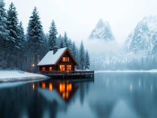 A tranquil cabin by the lake, nestled among mountains and pine trees as the sun sets.