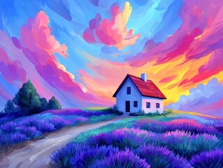 A tranquil scene with a lavender field and a charming stone cottage bathed in the light of the setting sun.