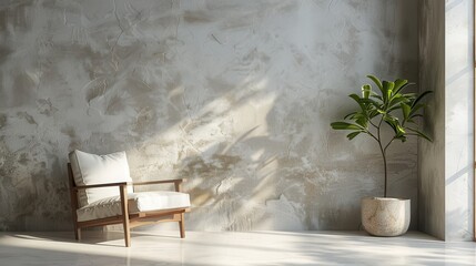 Chic interior showcasing a sleek armchair and a leafy plant beside a neutral plaster wall