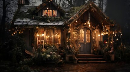 Obraz premium Enchanting, moss-covered cottage illuminated with fairy lights at night.