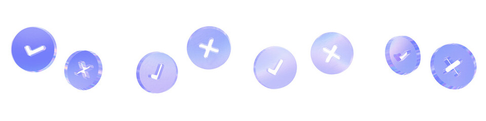 Obraz premium Set of 4 3d glass yes no buttons shape with aberration effect isolated on a transparent background. Blue tone. 3d transparent elements for graphic design.