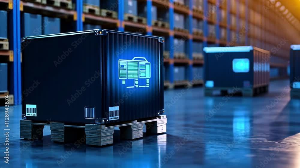 Poster high-tech robotics in modern warehouse with automated system and smart cartons