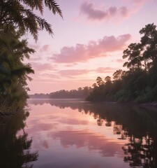 Soft pink hues of sunrise over the Apalachicola River, golden hour, sunrise