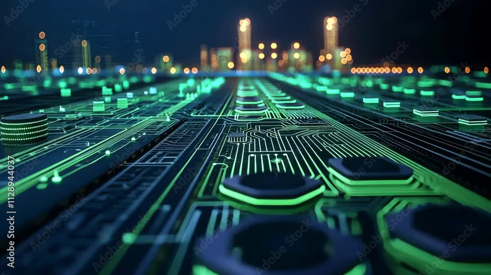 Poster futuristic digital circuit board with neon lights and high-tech elements in cyber environment