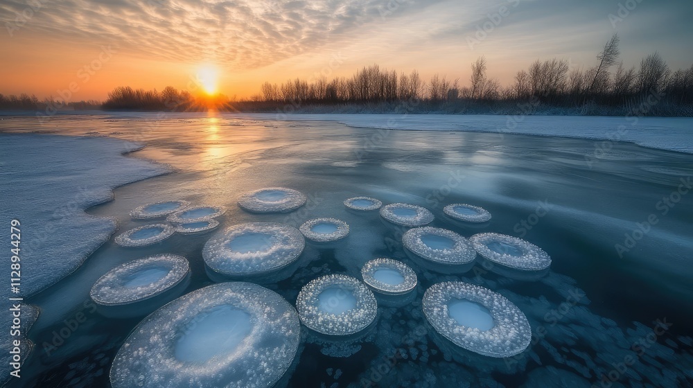 Poster a frozen lake with bubbles trapped beneath its surface, forming unique circular patterns and faint c