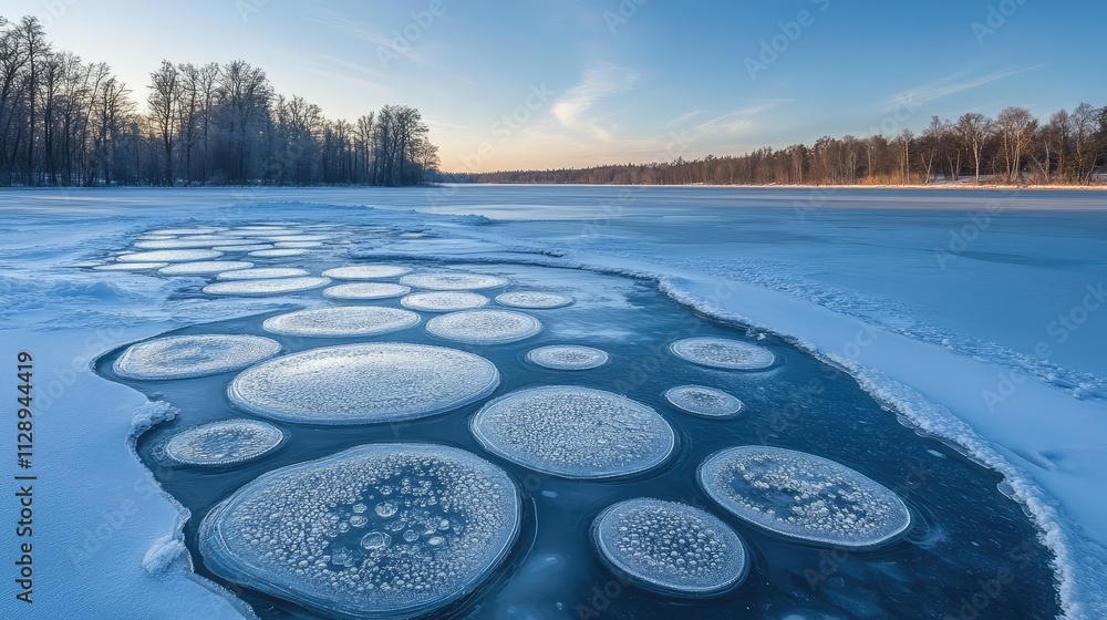 Poster a frozen lake with bubbles trapped beneath its surface, forming unique circular patterns and faint c