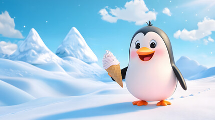 Obraz premium A joyful cartoon penguin holding an ice cream cone on a snowy slope.