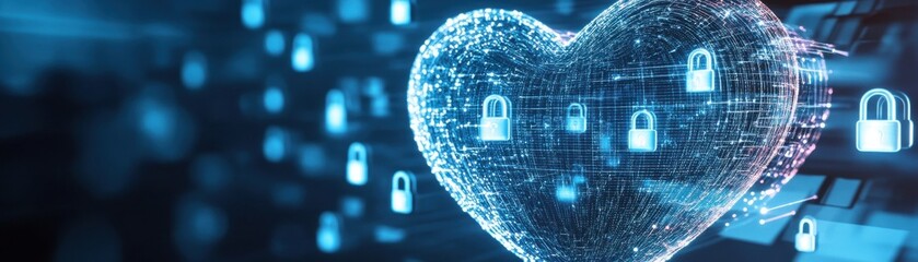 Digital heart shape with security locks, representing data protection and privacy.
