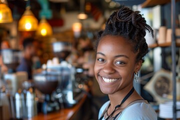 Naklejka premium Portrait of a smiling African American woman in a cafe