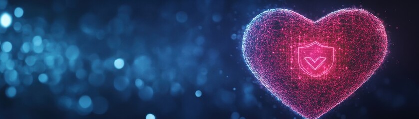 Digital heart symbol glowing with abstract technology background and security elements.