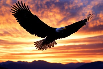 A soaring eagle's silhouette against a vibrant sunset sky, rich golden hues, soaring high above a mountain range, peaceful mood, wide-angle view 4