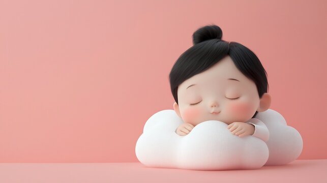 Cute cartoon girl sleeping peacefully on a fluffy white cloud against a soft pink background.