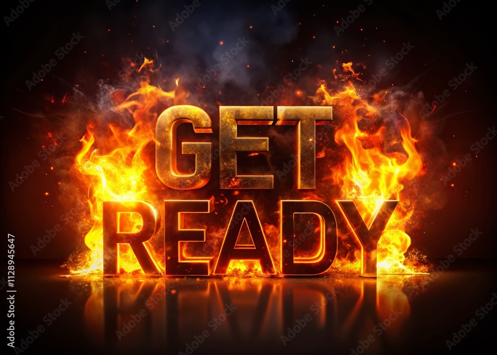 Poster dynamic silhouette of fire text animation with torch light 'get ready' for engaging gaming content a