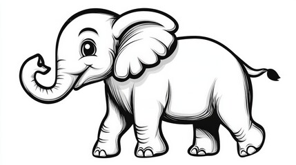 Obraz premium A simple black and white cartoon of an elephant lifting its trunk, flat vector design, on a white background.