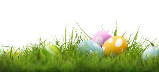 A collection of 6 painted easter eggs celebrating a Happy Easter with green grass and blurred green...