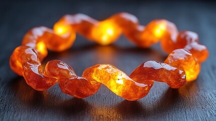 Glowing amber bracelet in spiral shape on dark background.