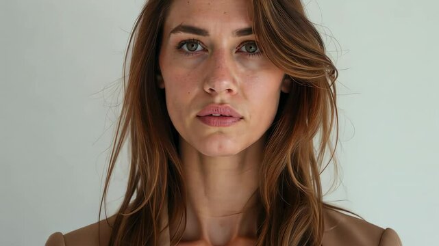 Model showcases elegant fashion in neutral tones against a minimalist background