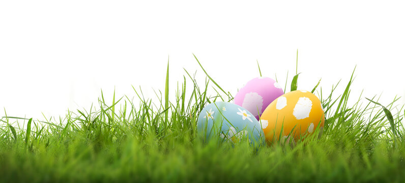 A collection of 3 painted easter eggs celebrating a Happy Easter with green grass and blurred green grass foreground and isolated against a transparent background template.