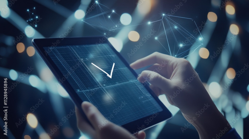 Poster hands using tablet showing digital checkmark, data, network.