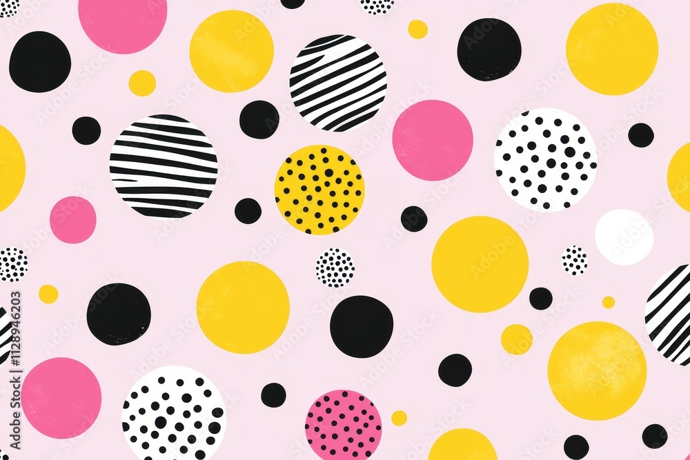 Aufkleber a dynamic graphic with a large yellow circle and a variety of colorful dots surrounding it.