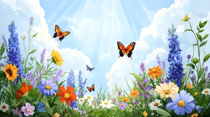 A colorful array of wildflowers under a bright, sunny sky, with butterflies fluttering about.