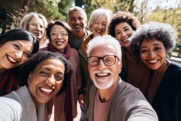 Fototapeta premium Smiling diverse group of seniors taking a selfie outdoors