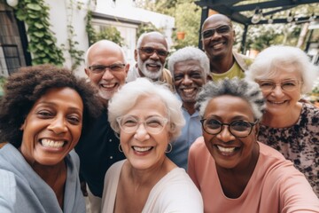 Smiling diverse group of seniors taking a selfie outdoors