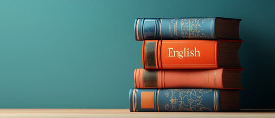 Stack of Vintage Books with English Dictionary.
