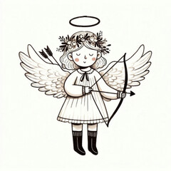 Fototapeta premium Illustration of cupid with wings for Valentine's day. A cute girl with angel wings holds a bow and arrow. Childlike hand drawn cartoon art style with noisy, black and white art.