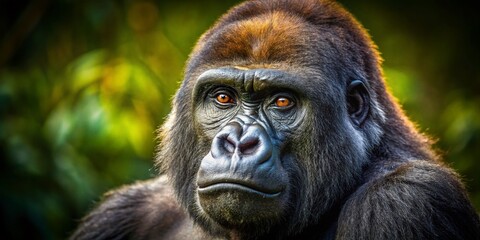 Obraz premium Eastern Gorilla Isolated on White Background, Half-Body Low Light Photography, Captivating Detail of Primate Features, Ideal for Wildlife Education and Conservation Themes