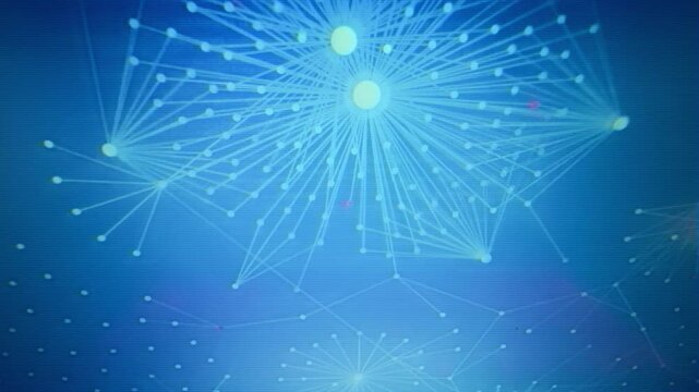 Closeup of computer monitor with blue animated scientific diagrams showing connected dots. Visible interlace lines. Flickering vintage 80s 90s vhs style video. Sci-fi computer background.