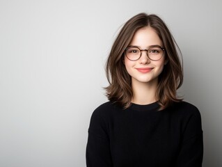 Obraz premium A young woman wearing glasses looks pensively, displaying a calm expression.