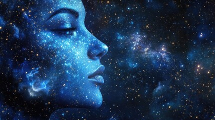 Night sky bursting with stars, blending seamlessly into a face silhouette, symbolizing dreams and imaginative thoughts in a celestial setting