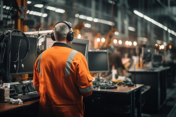 Fototapeta premium Rear view of a quality assurance technician working in a factory