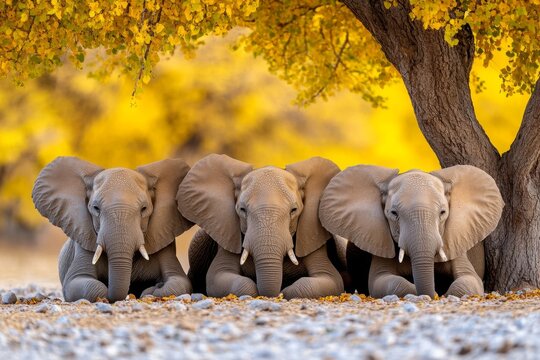 A serene image of an elephant herd resting under a large acacia tree, enjoying the shade during midday