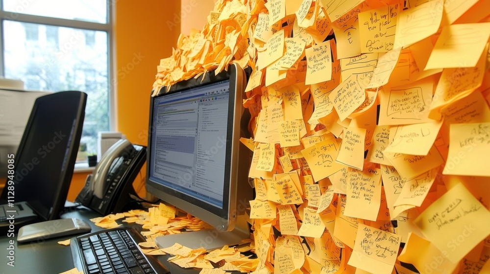 Poster organized workspace with sticky notes computers and office supplies for efficient productivity and t