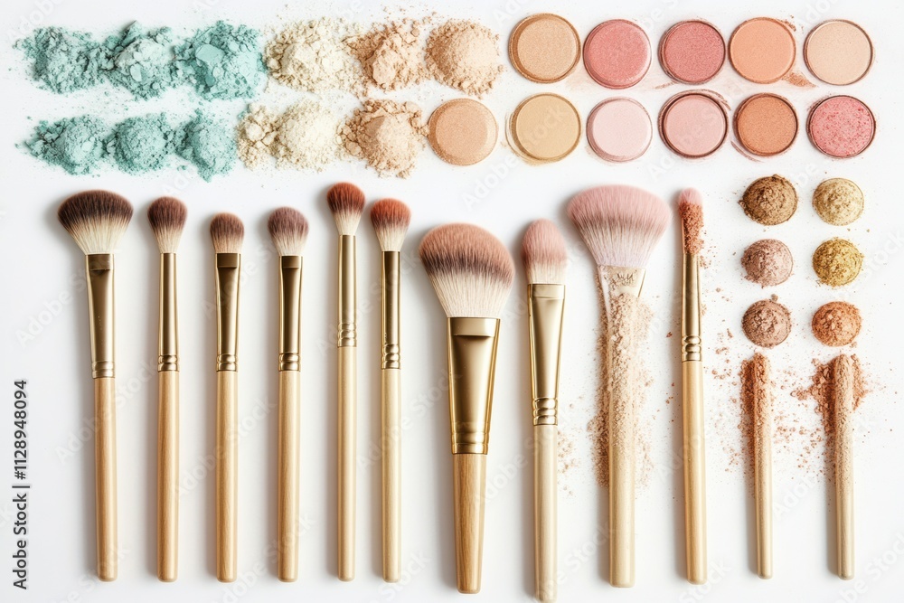 Poster An array of makeup brushes, powders, and eyeshadows neatly organized with ample space for custom text and artistic branding ideas. Generative AI