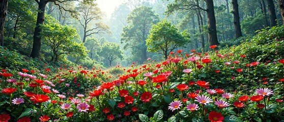 A picturesque landscape featuring a variety of colorful red and pink flowers and dense green foliage in a serene forest environment, wildflower meadow, nature scenery, green forest