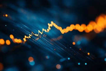 Abstract digital data visualization with glowing orange and blue lines forming a dynamic graph.