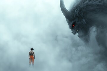 An anime warrior in an intense standoff with a giant demon monster, prepared for the ultimate battle.