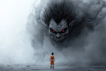 A powerful anime warrior facing off against a towering demon monster, ready for combat.