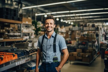 Portrait of a happy salesman standing in hardware store
