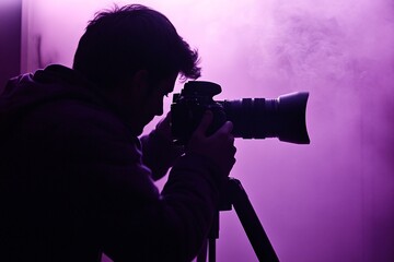A photographer’s silhouette adjusting a camera, seen through frosted glass in a studio, soft violet light casting over the camera equipment, creating a creative and professional mood 1