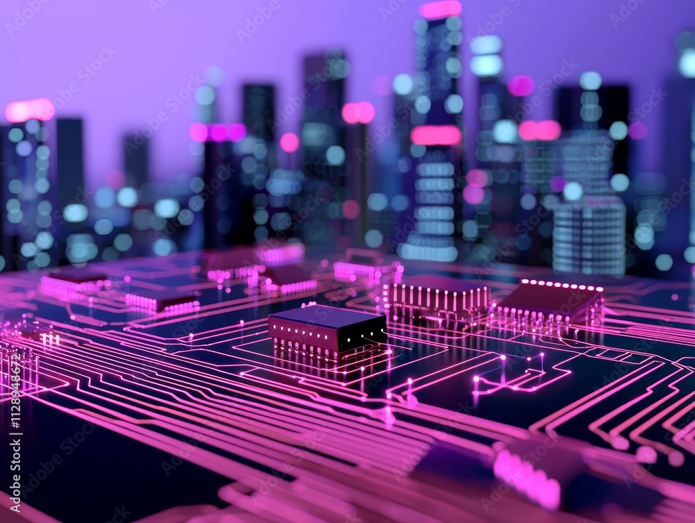Poster a cutting-edge digital scene with a circuit board and luminous elements.