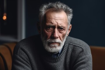 Fototapeta premium Portrait of a worried Hispanic senior man sitting on the couch