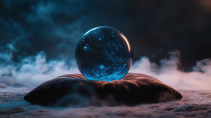 Mystical Crystal Ball Resting on Velvet Pillow with Ethereal Background